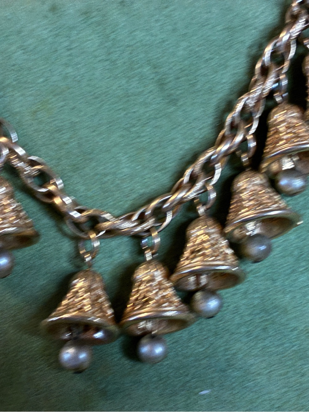 Vintage Gold Bell Charm bracelet with Pearl Drops Christmas bells